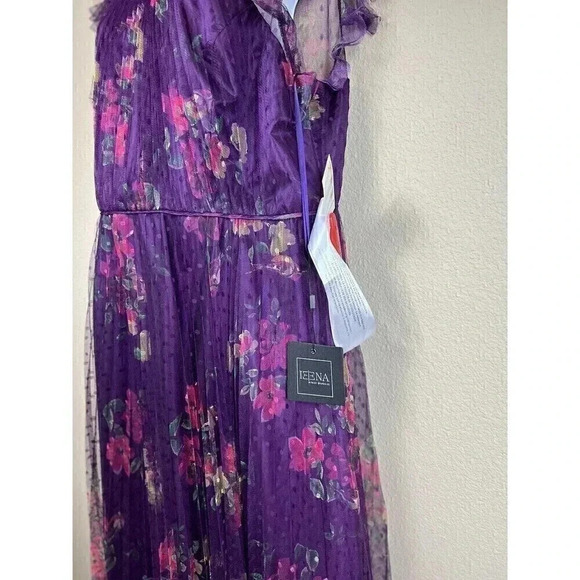 Mac Duggal Leena Cap Sleeve Floral A Line Dress Pleated Dot Tulle Womens Size 8 - Picture 2 of 14